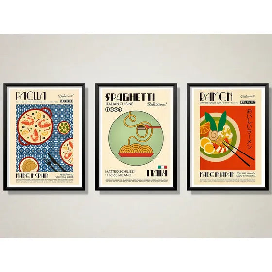 3 Cuadros Comidas Del Mundo Ramen 30x40 Cm Listo Negro